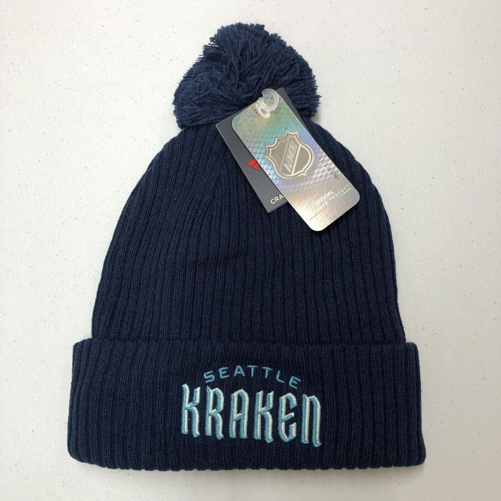 Seattle Kraken Hat Beanie Mens One Size Navy Blue NHL Hockey Fanatics Pom Knit